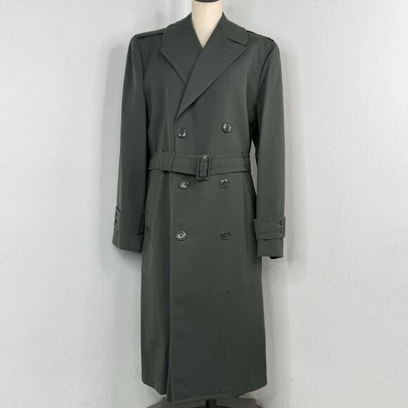 Vintage Military Wool Overcoat Gaberdine Belted Trench Removeable Liner 36L - Picture 1 of 16